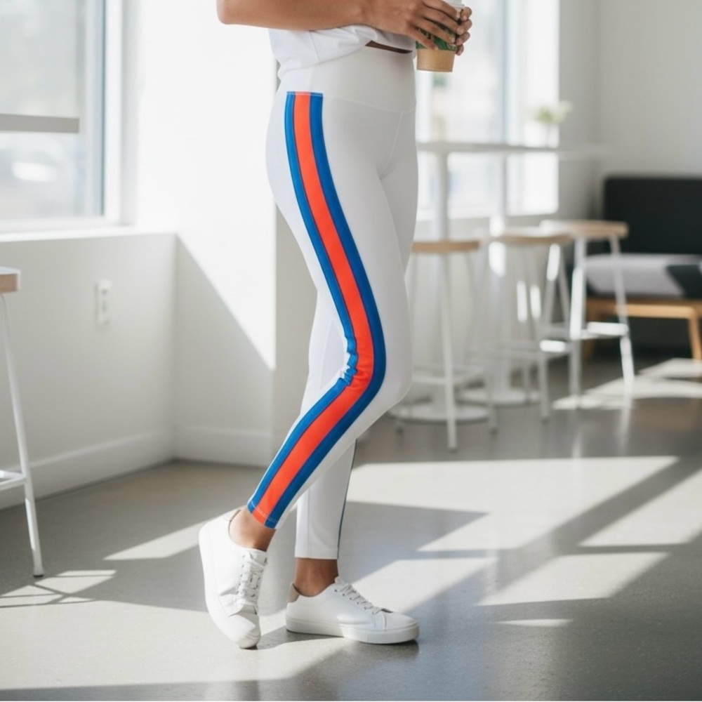 Stylish White Leggings with Blue and Red Stripes